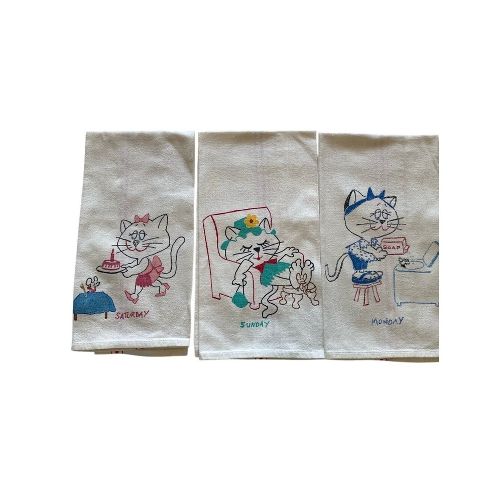 Vintage Kitty Days of the Week Printed Tea Towels Set of 3 White Cotton 16x25